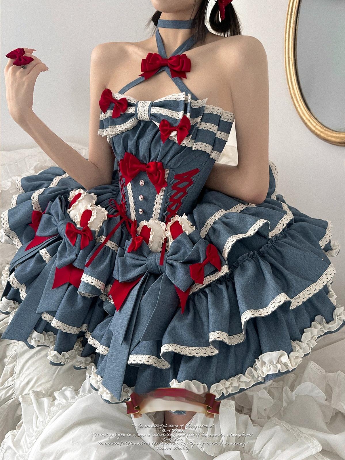 POSHEPOSE~First Cherry Rabbit~Sweet Lolita Dress Halter Neck Jumper Dress and Cardigan