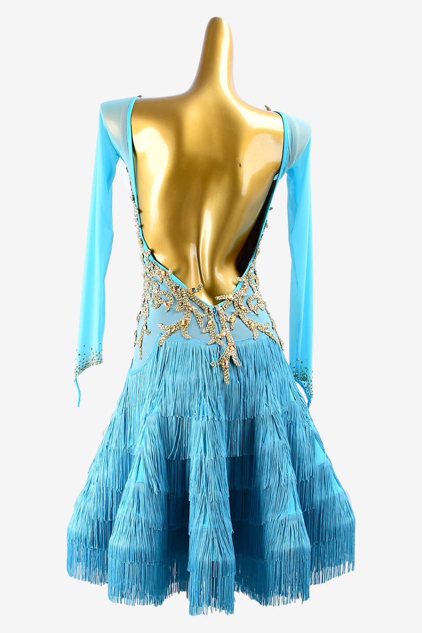 Permino light skyblue mesh Latin dress with fringes, gold lace appliqués,  AB sew-on stones & crystals