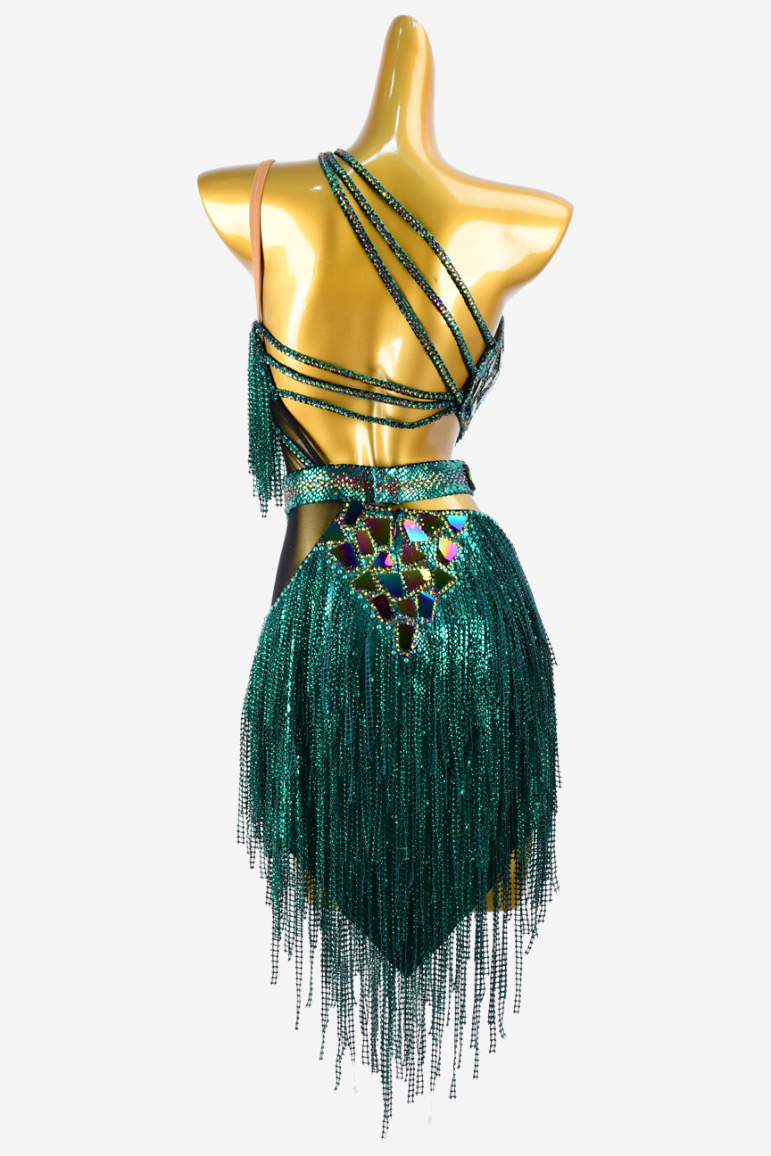 Permino dack green Latin dress with AB stone, crystal fishnet fringes & mirror stones