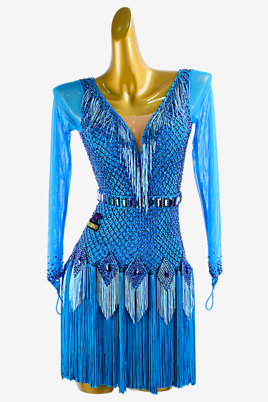 Permino deep sky blue crystal fishnet Latin dress with mesh sleeves, beaded fringe, fringe underskirts and rhinestone
