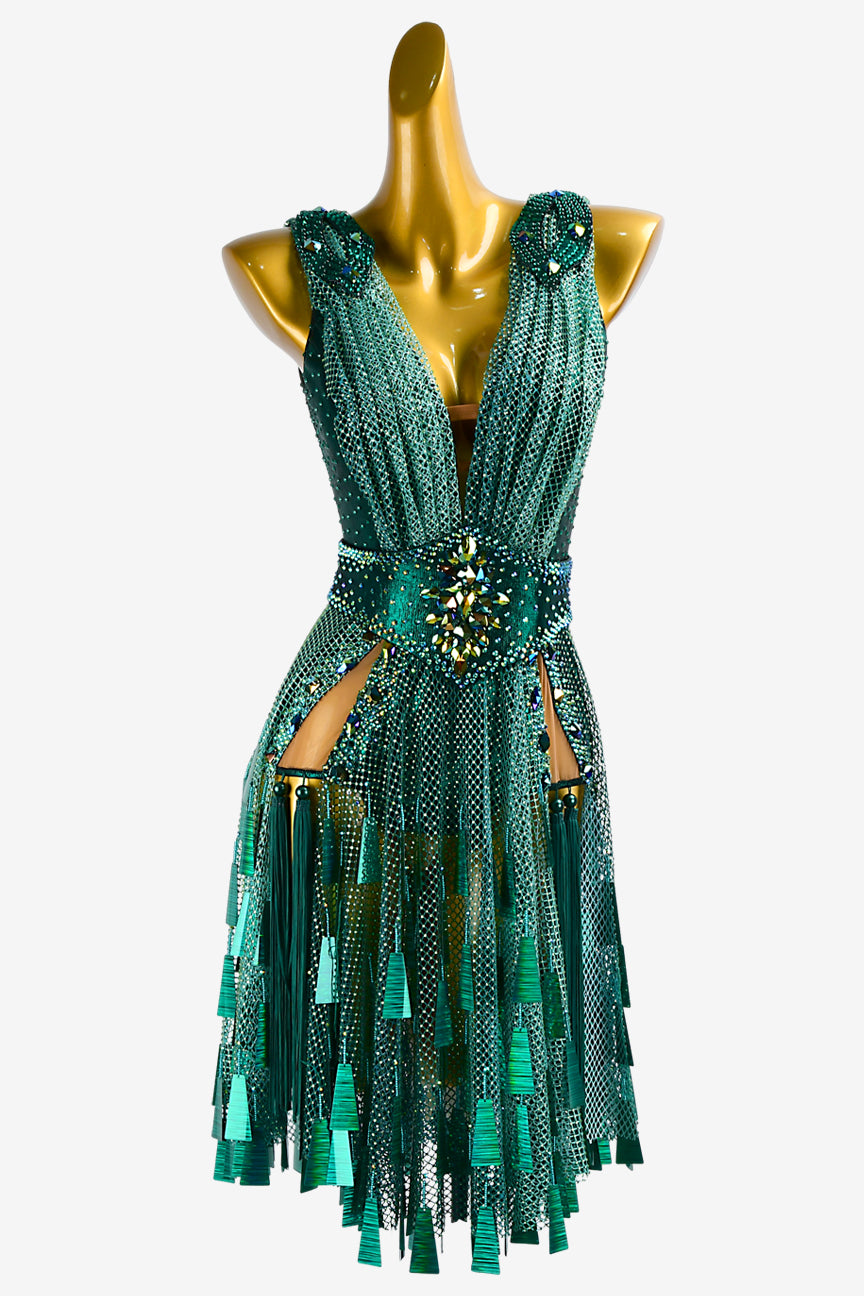 Permino teal crystal fishnet Latin dress with sequins, tassels & green crystal AB