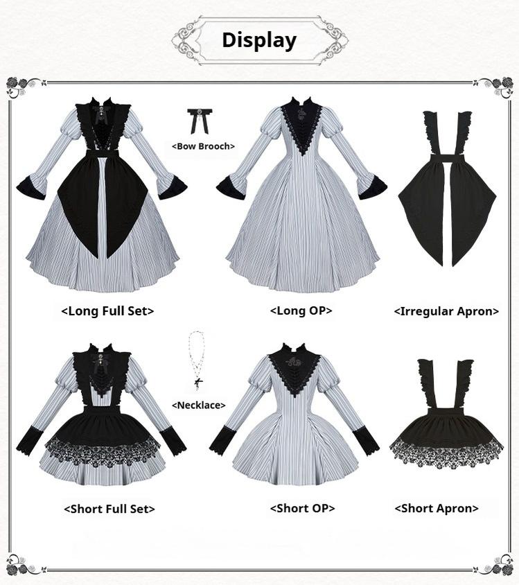 With PUJI~Nocturne SP~Striped Gothic Lolita OP Twin Lolita Dress with Apron