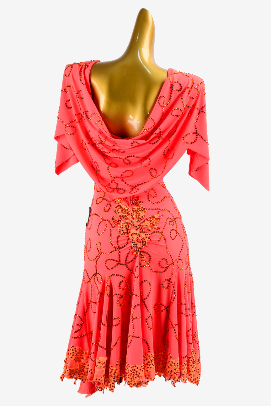 Permino orange red lustre lycra ruching & draping Latin dress with coral rhinestone lines & lace appliqués, openback
