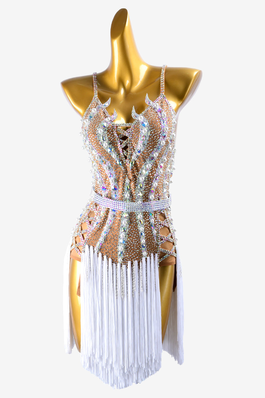 Permino skin yellow Latin dress with fringe,beaded fringe and crystal AB
