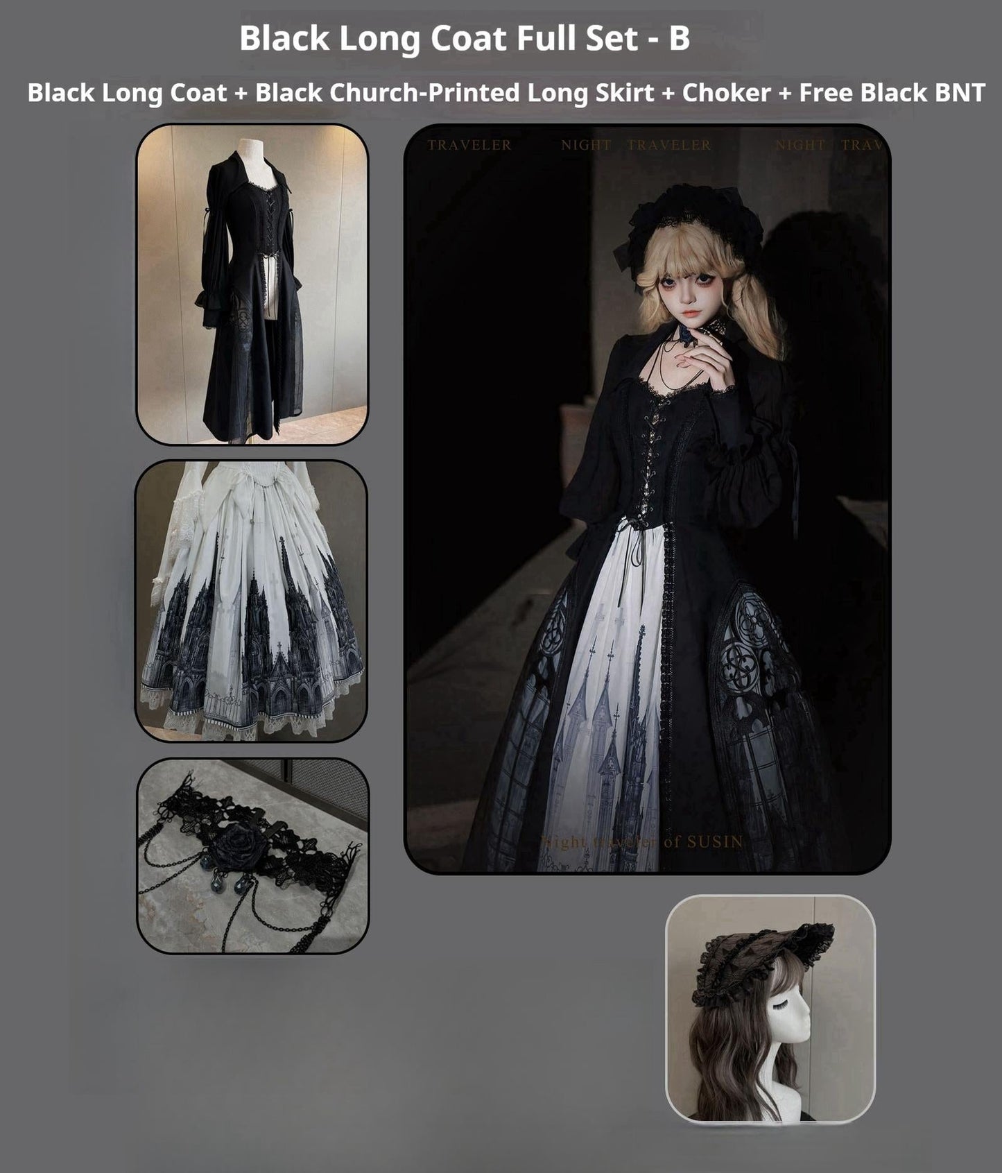 Susin Lolita~Night Traveler~Gothic Lolita Skirt Outfit Long Coat Shirt and Bustier Set