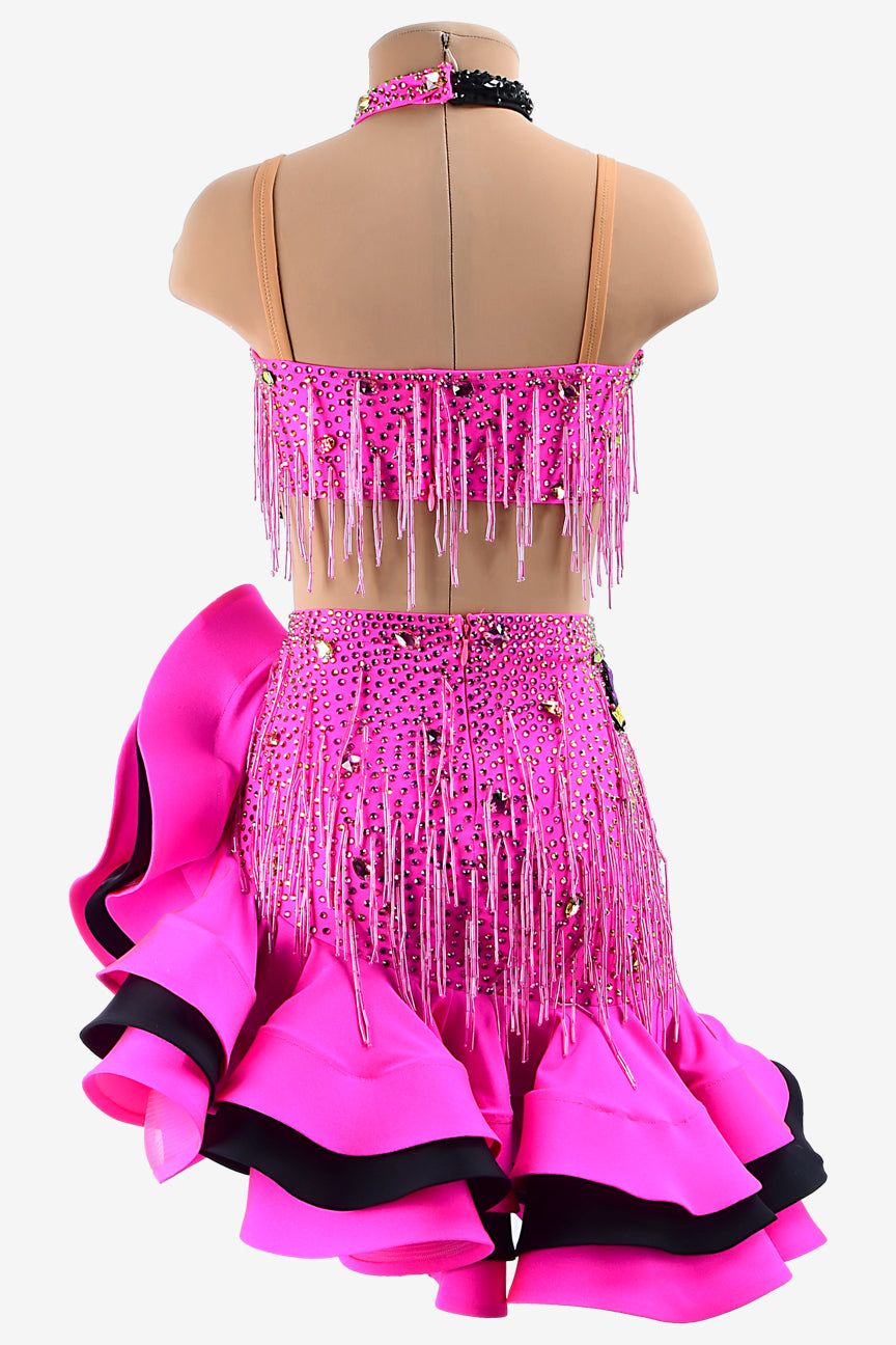 Permino phosphor & black matt lycra Latin dress with beaded fringes, crystal AB & sew-on stones