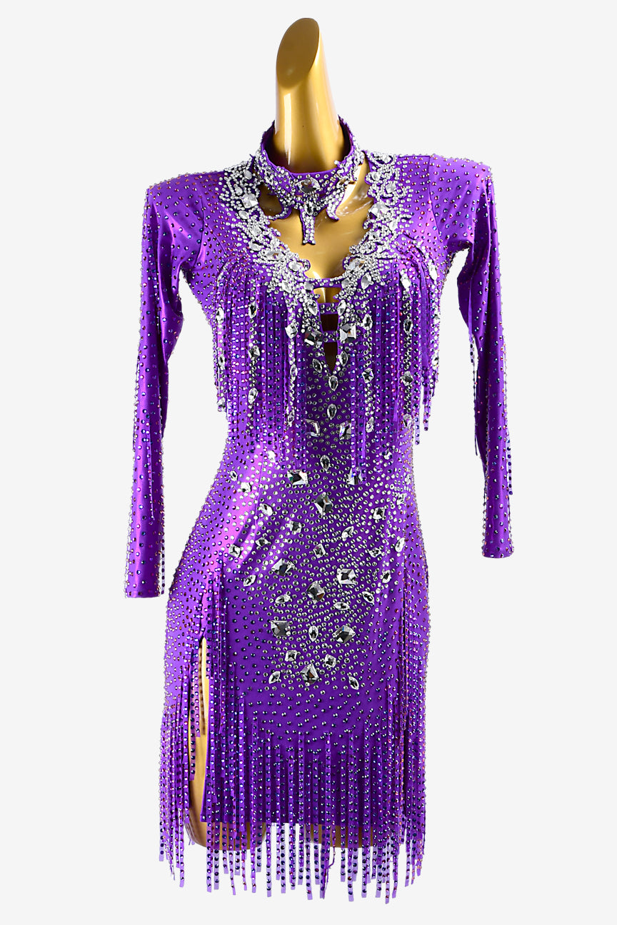 Permino bule violet metallic lycra Latin dress with stone fringes, lace appliqués, white crystals & sew-on stones