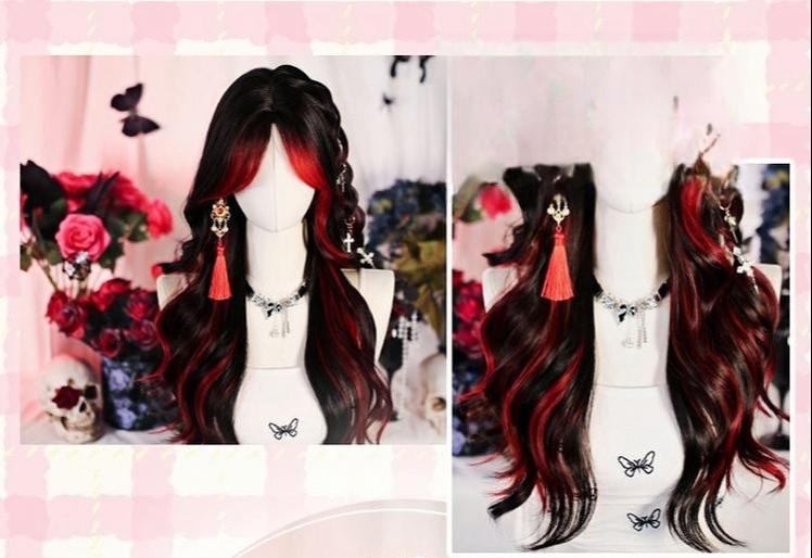 Dalao Home~Bathing Flames~Black Gothic Lolita Wig Red-black Highlighted Long Hair