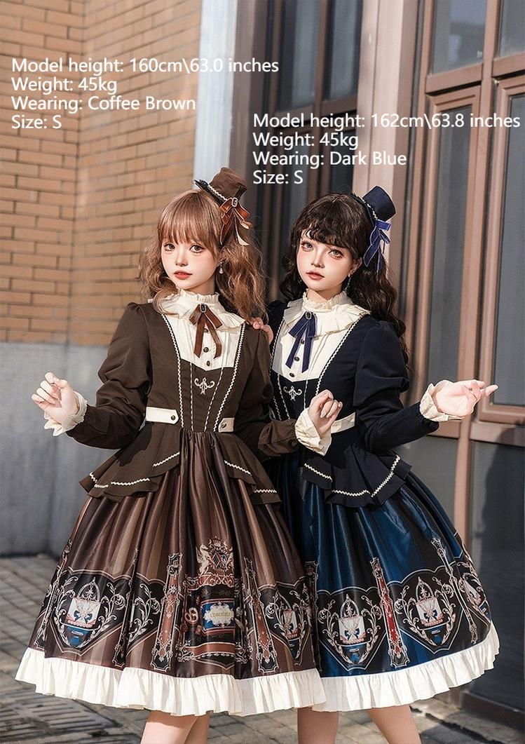 Jinmu~Chocolate Academy~Vintage Lolita OP Long Puff Sleeve Schoolgirl Lolita Dress