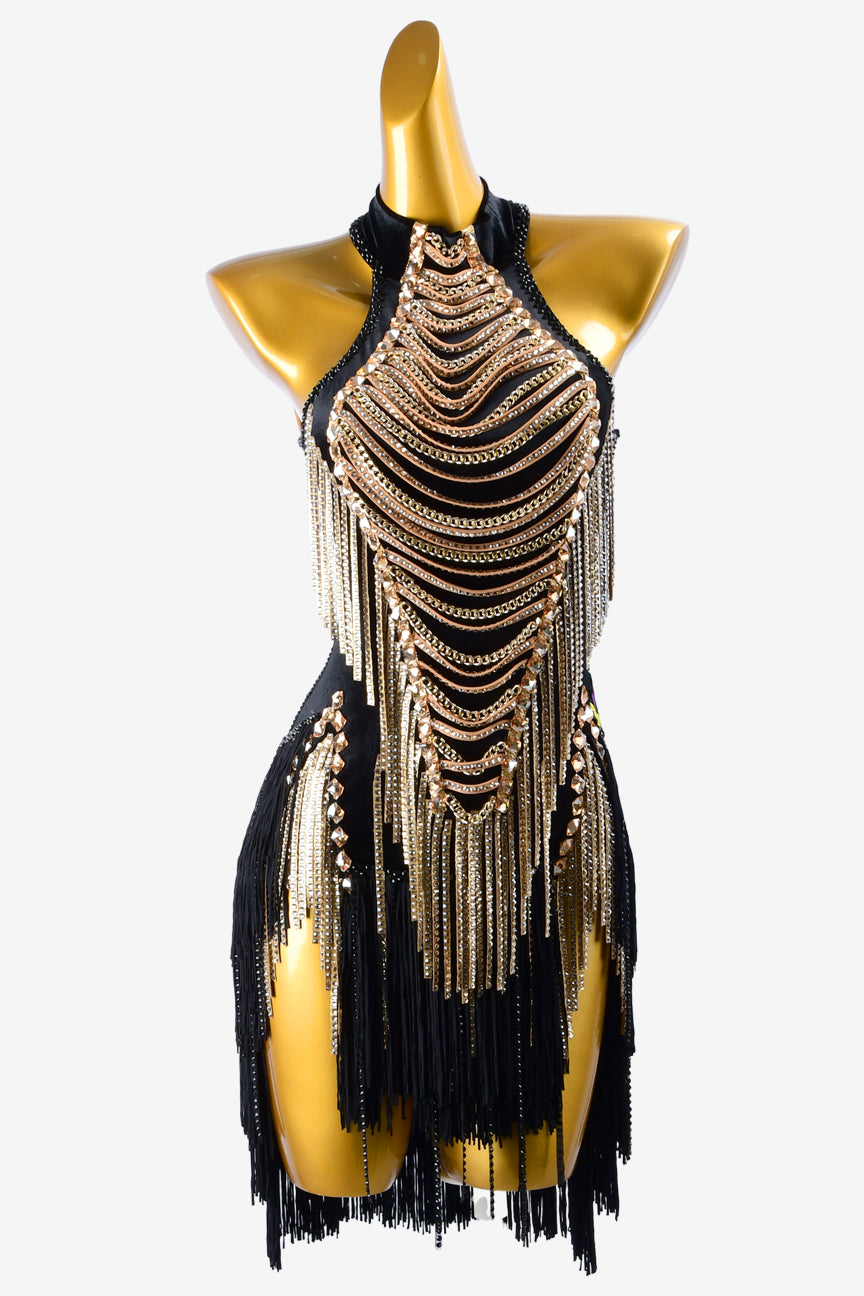 Permino black matt lycra Latin dress with fringes, gold chains & stone fringes and crystals