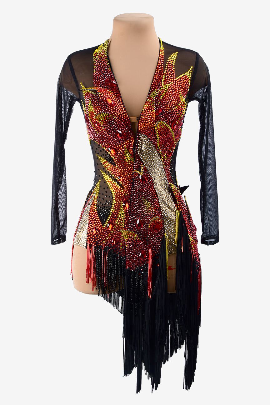 Permino black mesh Latin dress with rhinestone applique, beaded fringes, fringes & red crystals