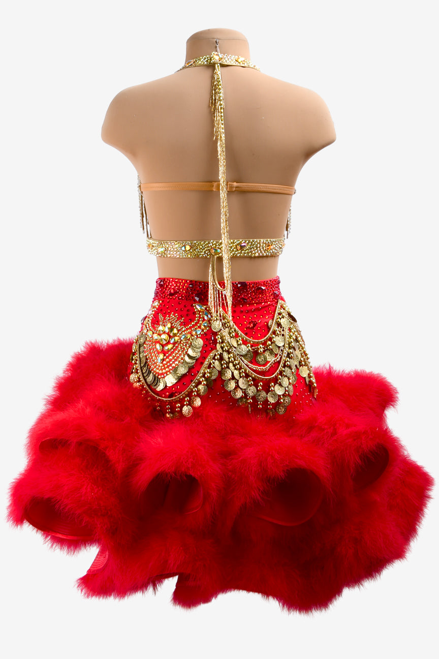 Permino gold Latin dress with china red ruffle fishbone underskirt, gold stone fringes, feathers & crystals