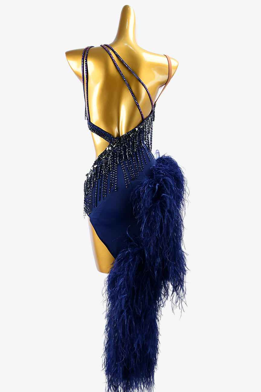Permino dark blue lycra Latin dress with feathers, stone fringes, rhinestones & sew-on stones