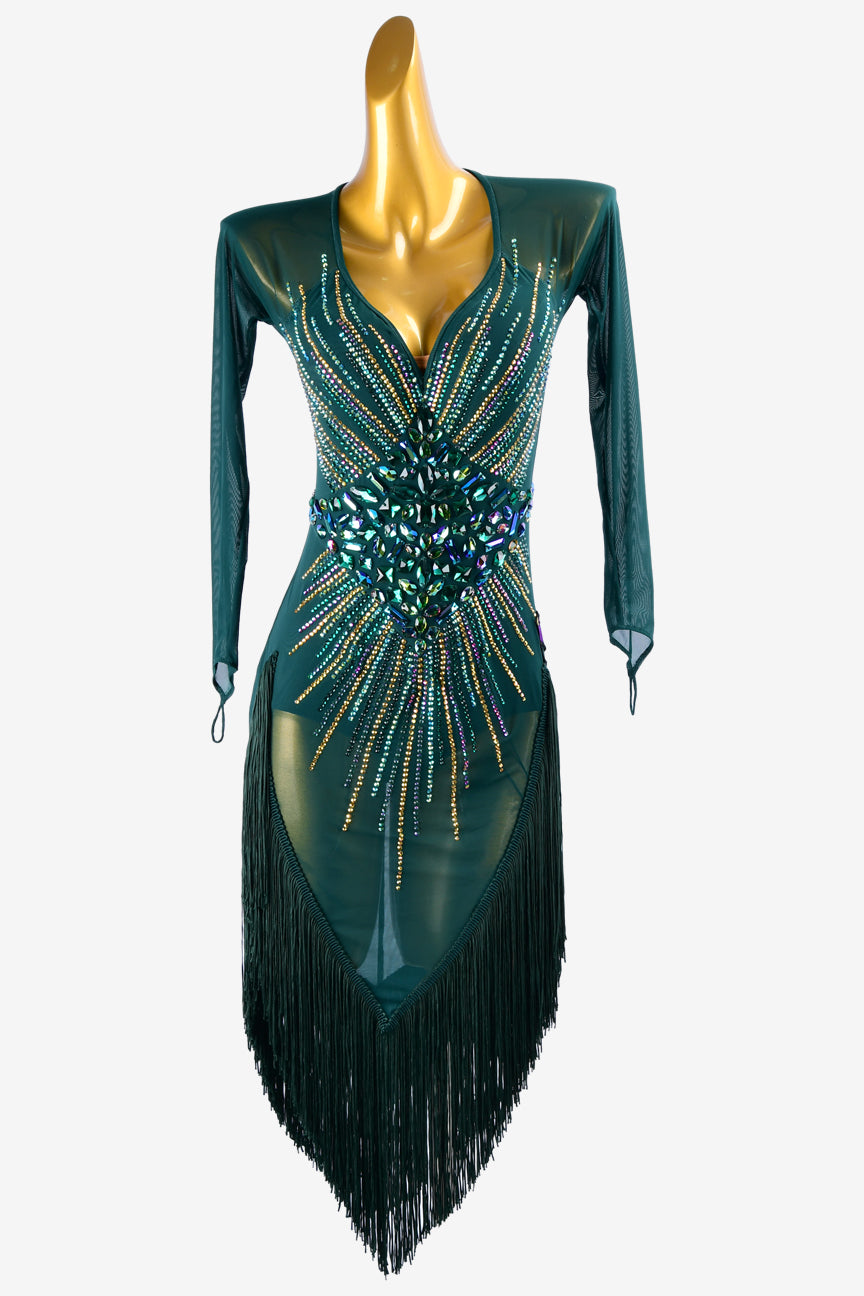 Permino malachite green mesh Latin dress with fringes, AB sew-on stones & rhinestones