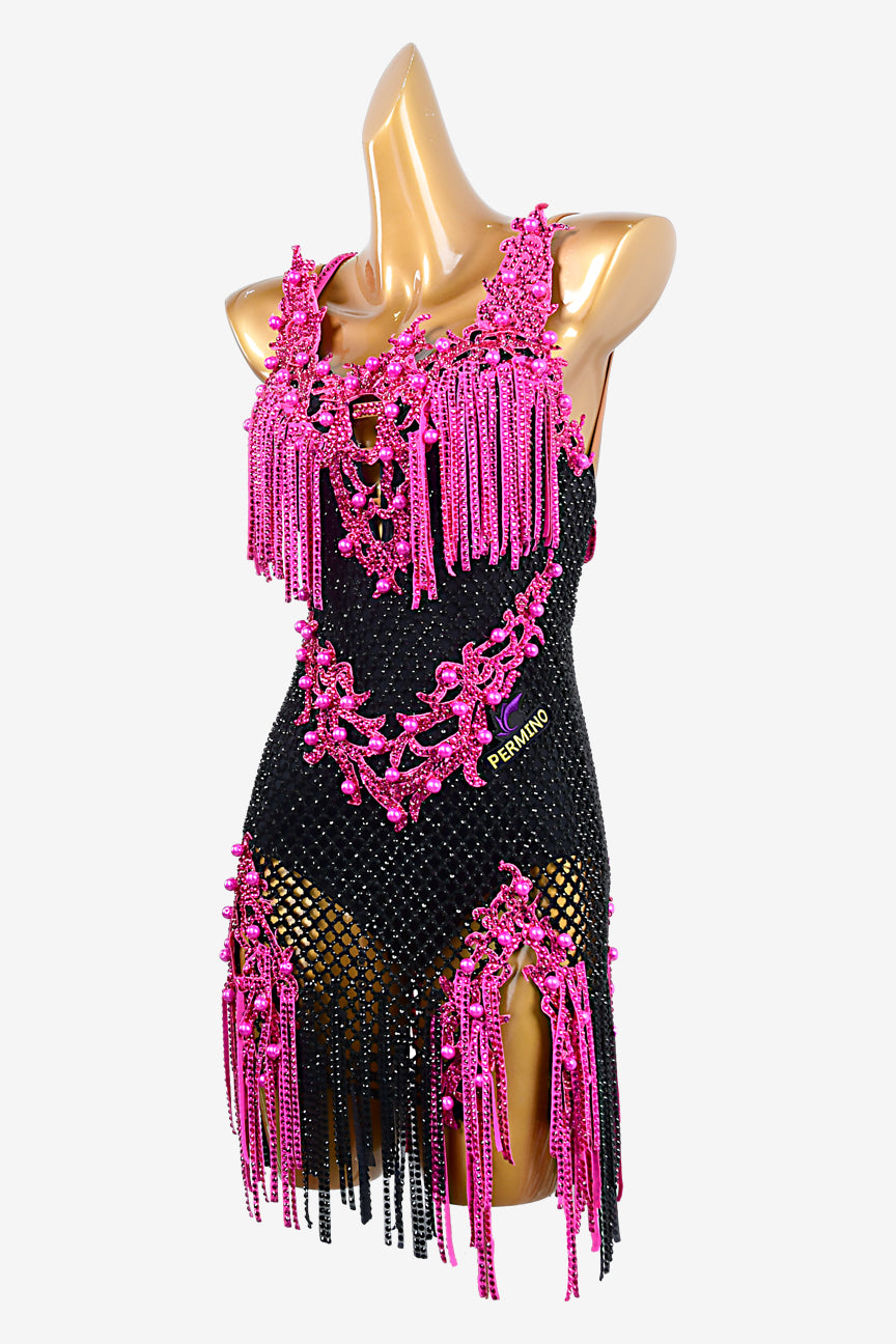 Permino black Latin dress with crystal fishnet, lace appliqués, rhinestones, cerise stone fringes & beadings