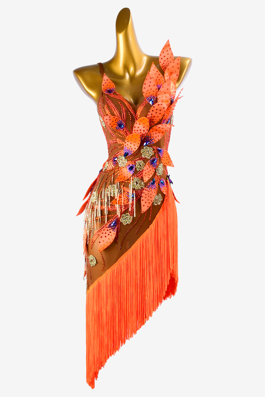 Permino sun oranger Latin dress with rhinestone appliques, beaded fringes, fringes & crystals
