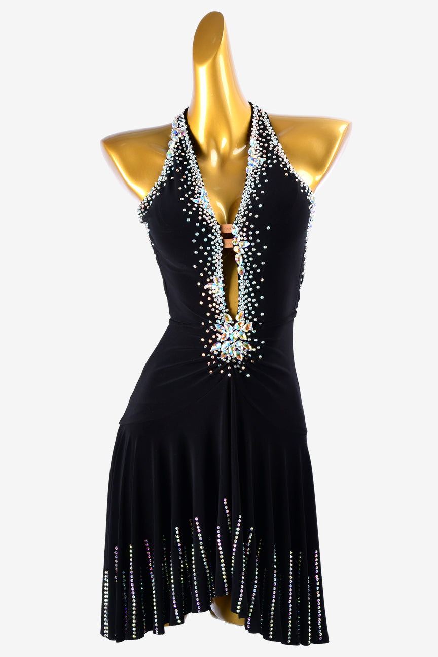 Permino black stretch crepe draping & ruching Latin dress with AB crystals & sew-on stones