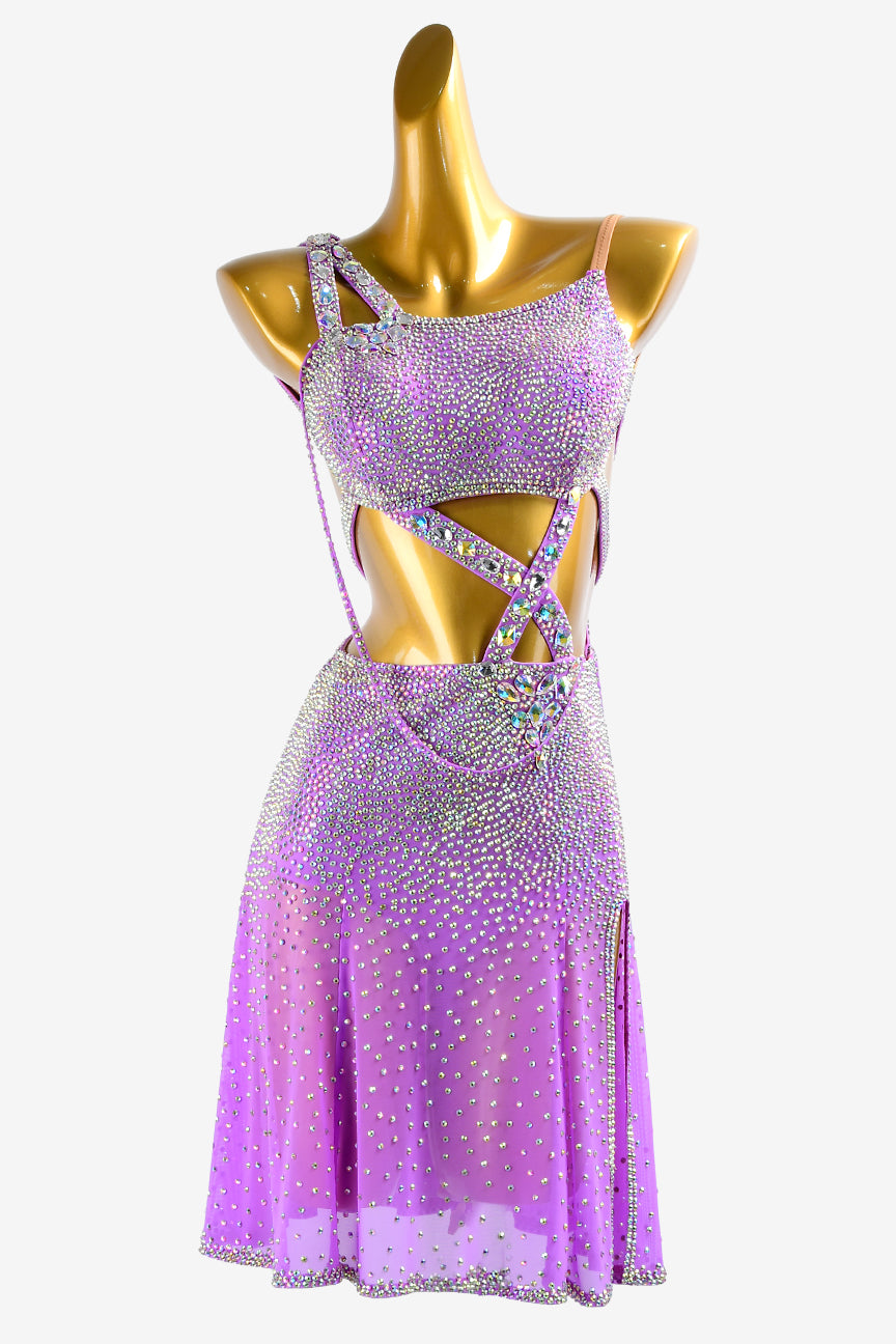 Purple fully crystallized stretch mesh Latin dress with AB sew-on stones
