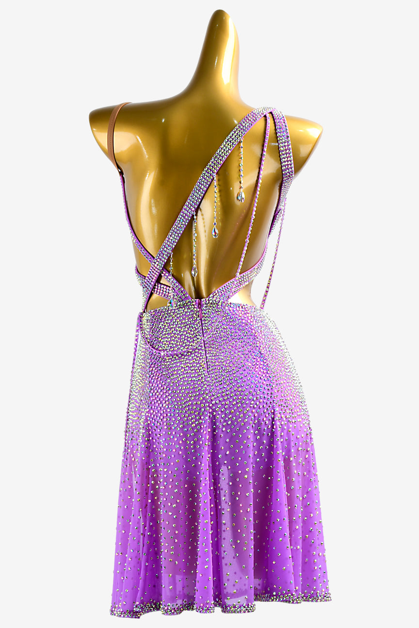 Purple fully crystallized stretch mesh Latin dress with AB sew-on stones