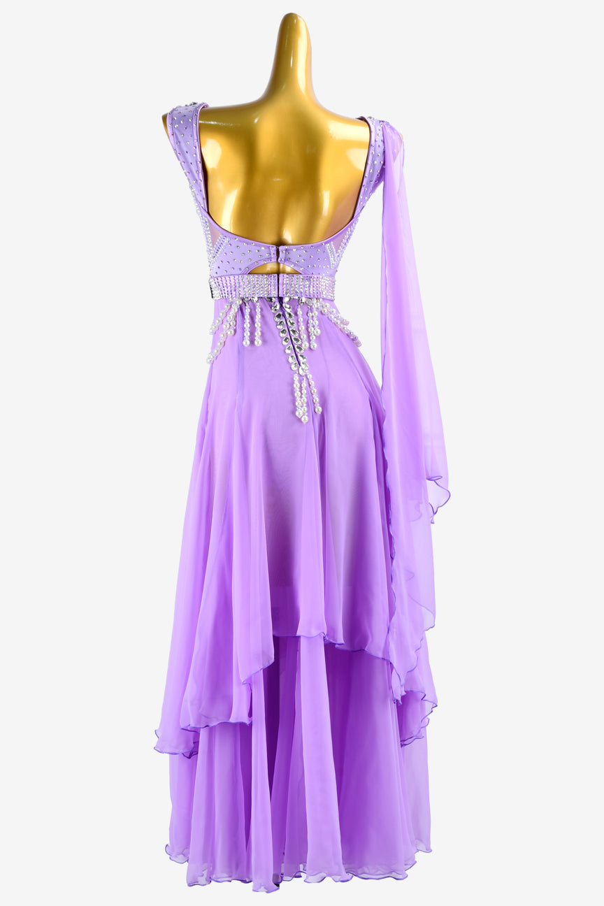 Permino orchid Standard dress with chiffon underskirt, float, white rhinestone & beadings