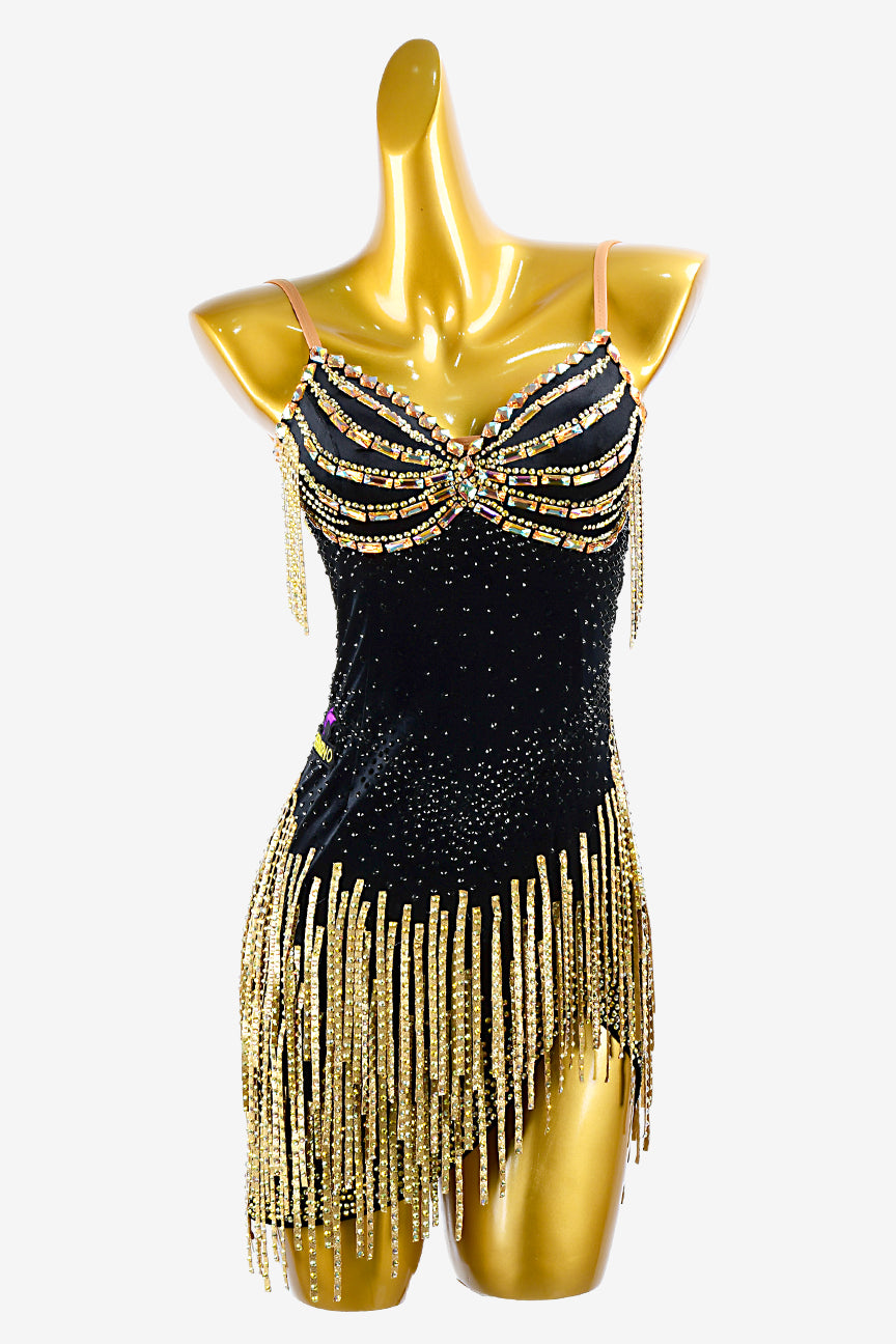 Permino black stretch velvet backless Latin dress with gold stone fringes and gold rhinestone AB