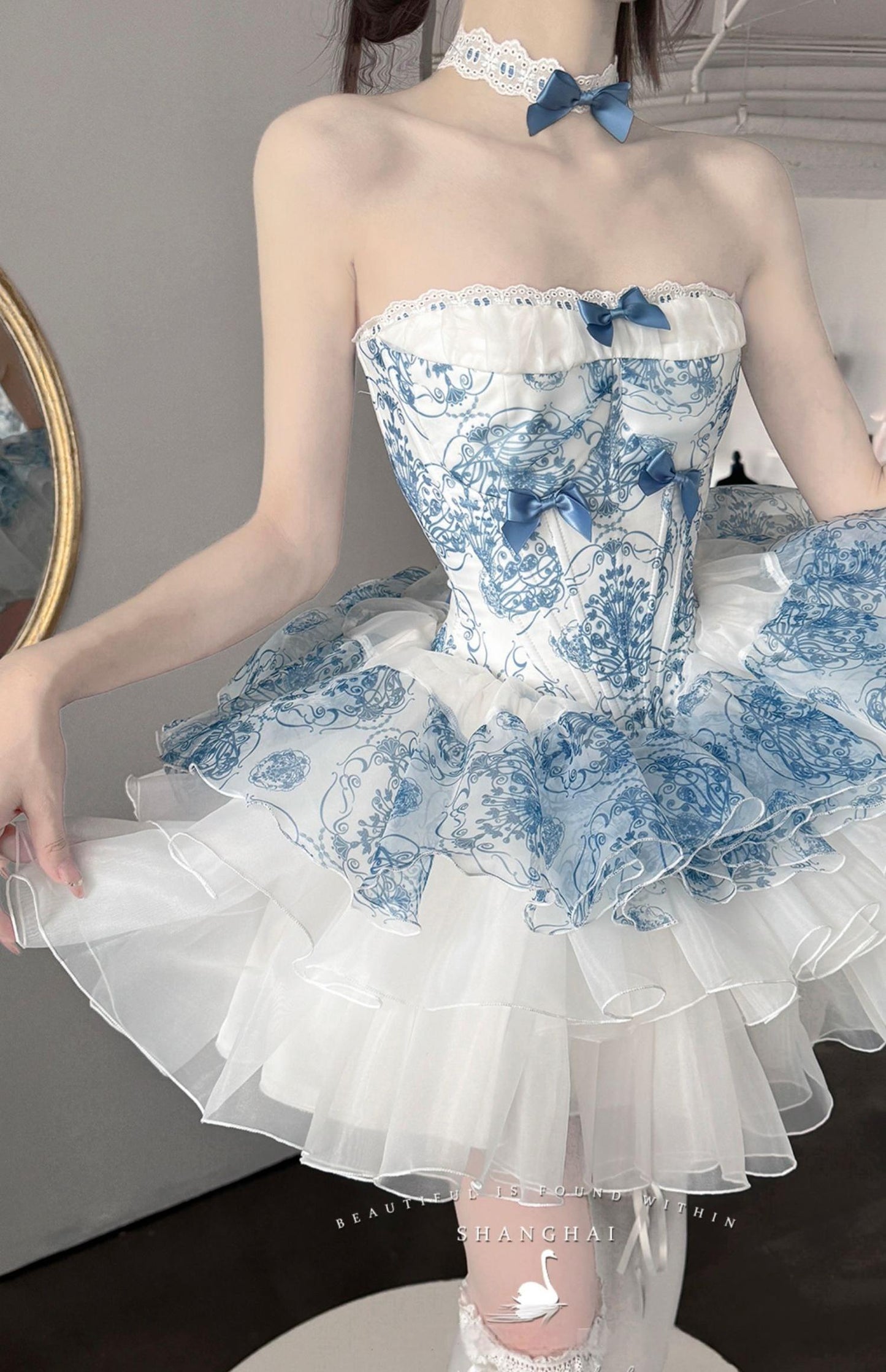 POSHEPOSE~Blue and White Porcelain~Princess Lolita JSK Dress Plush Cape