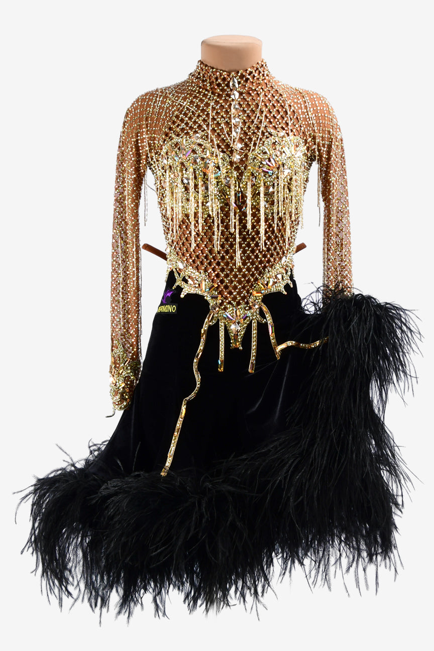 Permino fleshtone crystal fishnet Latin dress with black underskirt & feathers, gold beaded fringes & lace appliqués