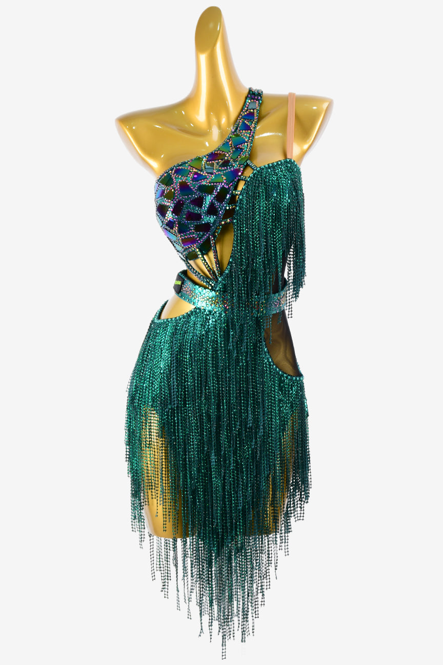 Permino dack green Latin dress with AB stone, crystal fishnet fringes & mirror stones