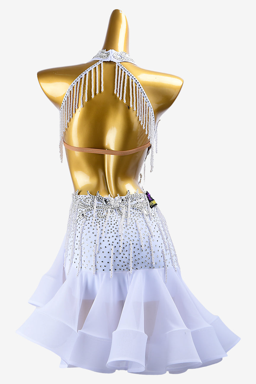Permino white matt lycra Latin dress with mesh underskirt, lace appliqués, beadings, siver rhinestones & sew-on stones