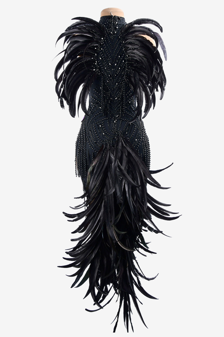 Permino black matt lycra Latin dress with rhinestones, beaded fringes & feathers