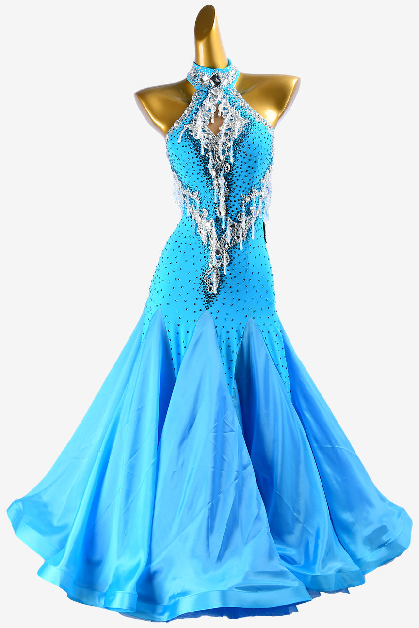 Permino deep skyblue Standard dress with pearl chiffon underskirts, lace appliqués, white crystals & beadings