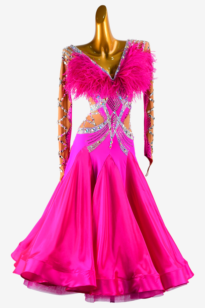 Permino magenta & fleshtone matt lycra standard dress with pearl chiffon underskirt, AB stones & feathers