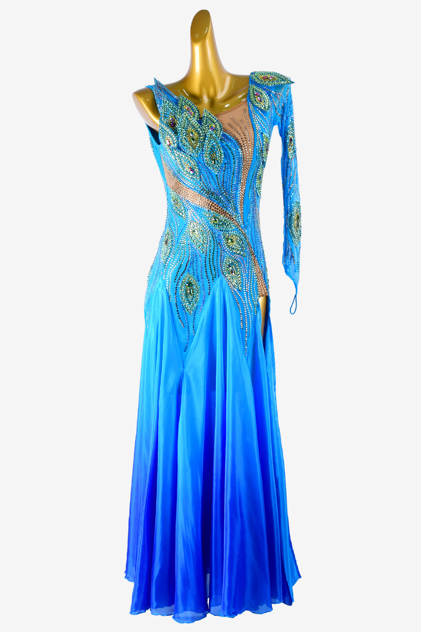 Permino skyblue mesh Standard dress with shaded dark blue pearl chiffon underskirts, crystal AB & rhinestone appliques