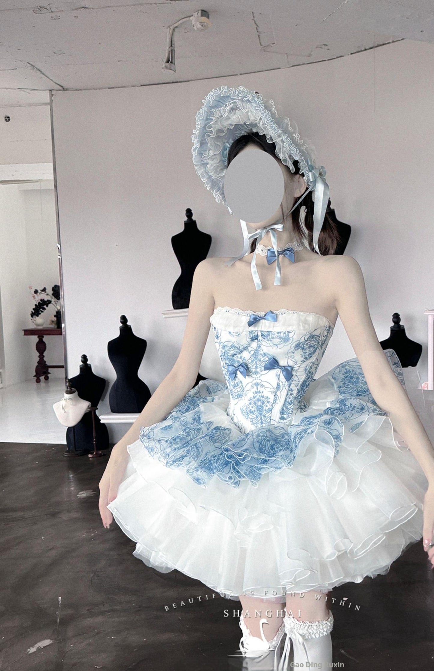 POSHEPOSE~Blue and White Porcelain~Princess Lolita JSK Dress Plush Cape