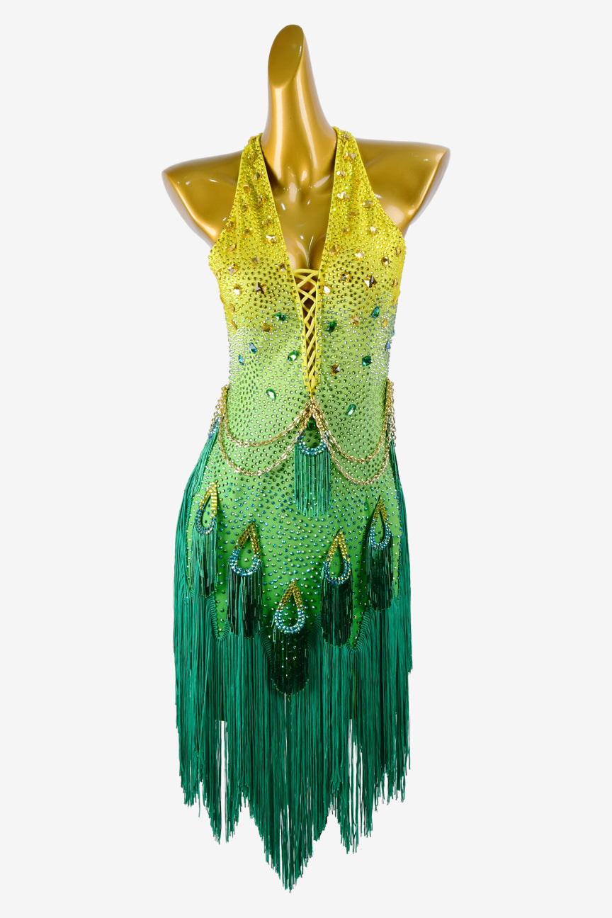 Permino yellow shaded seagreen Latin dress with beaded fringe, AB sew-on stones & fringes