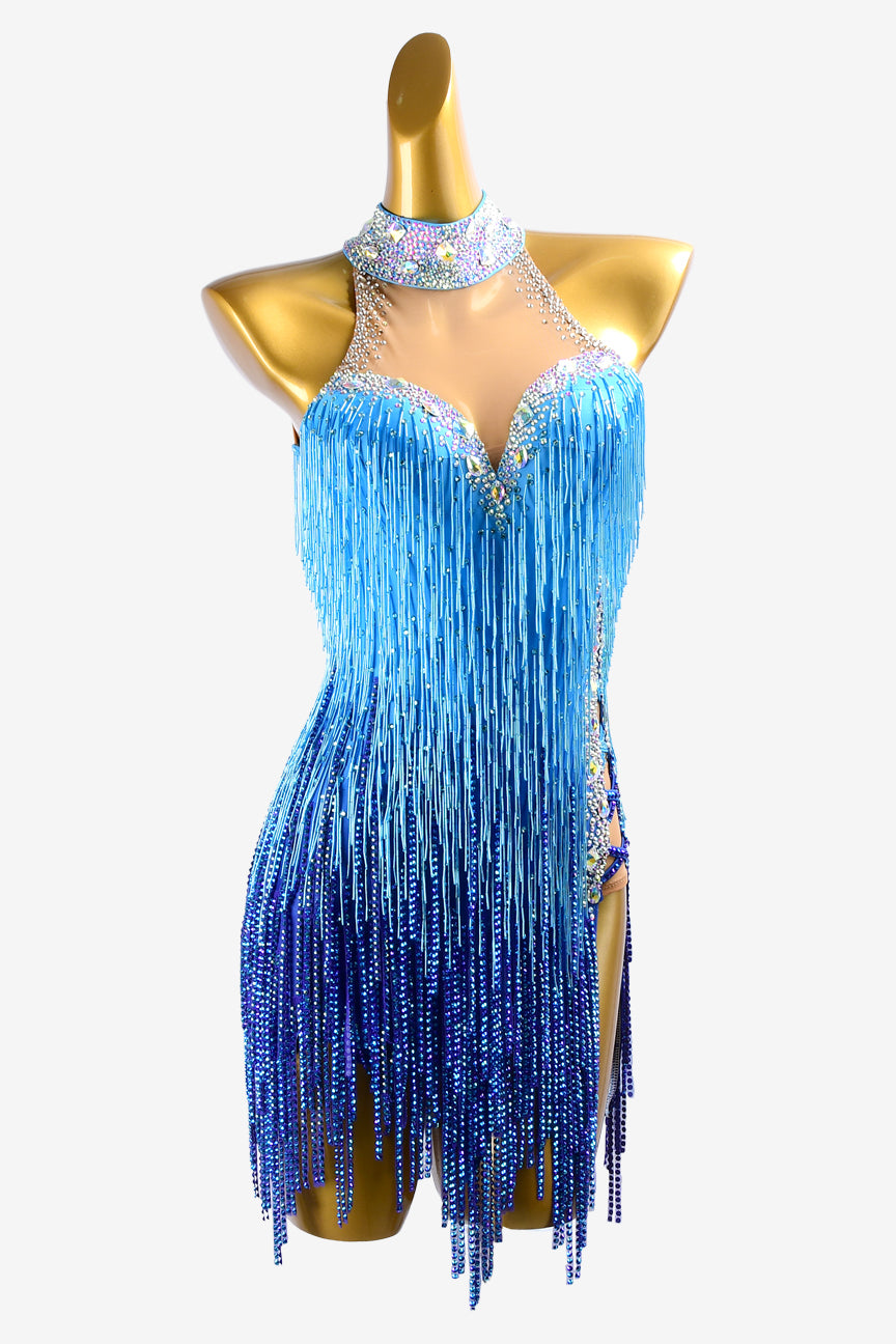 Permino dark blue shaded Latin dress with fully beaded fringe, stone fringes, AB crystals & sew-on stones