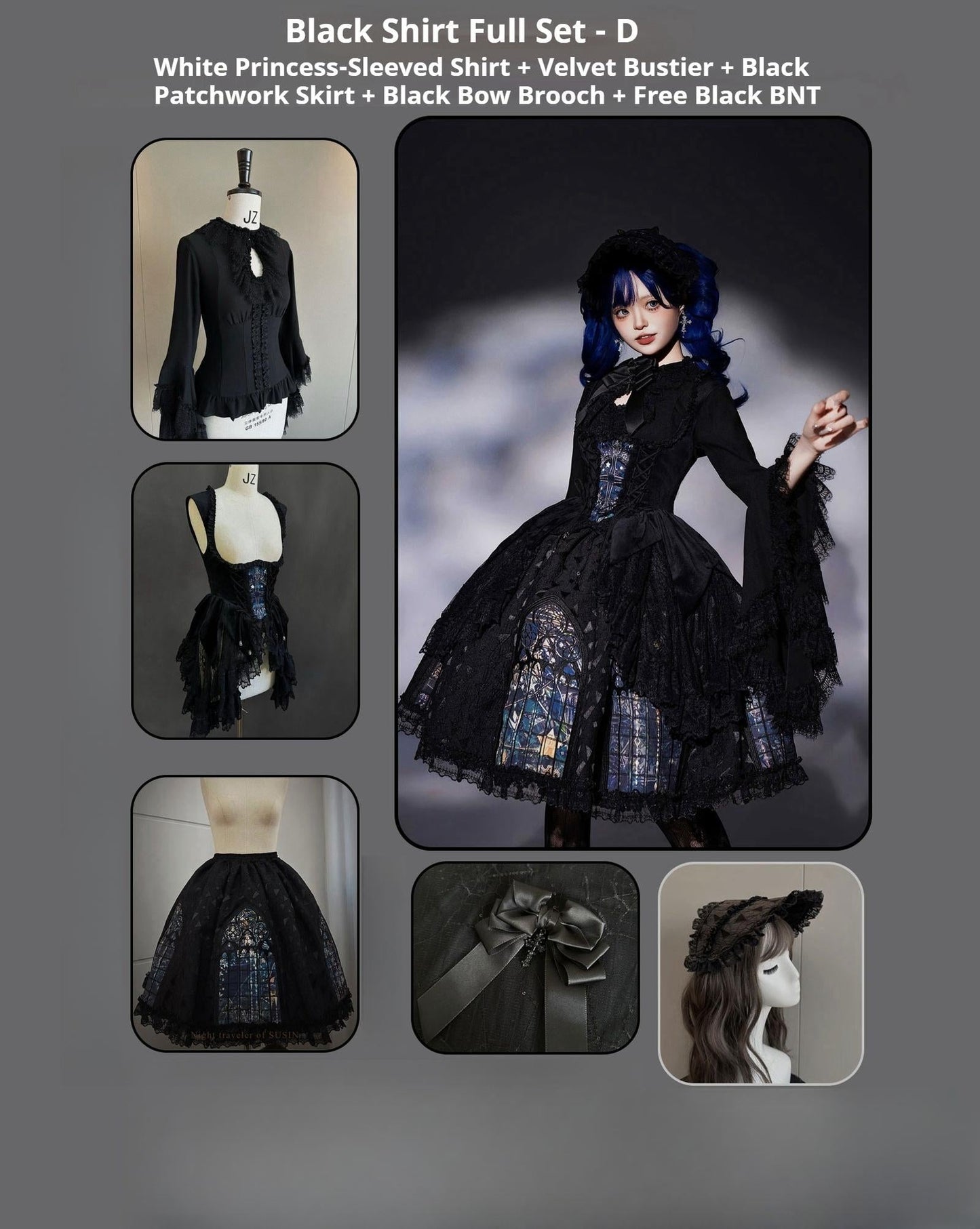 Susin Lolita~Night Traveler~Gothic Lolita Skirt Outfit Long Coat Shirt and Bustier Set