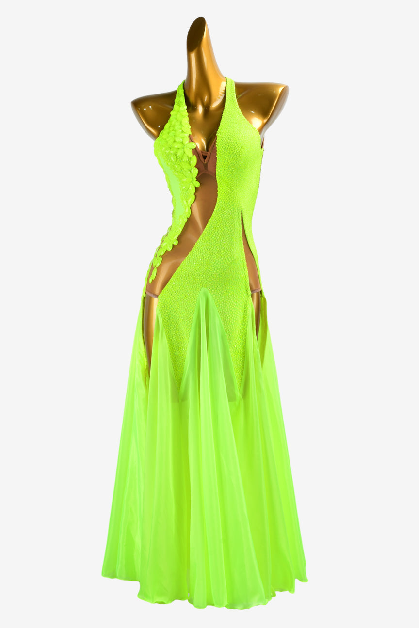 Permino chartreuse backless Ballroom dress with pearl chiffon underskirts, crystals & rhinestone applique