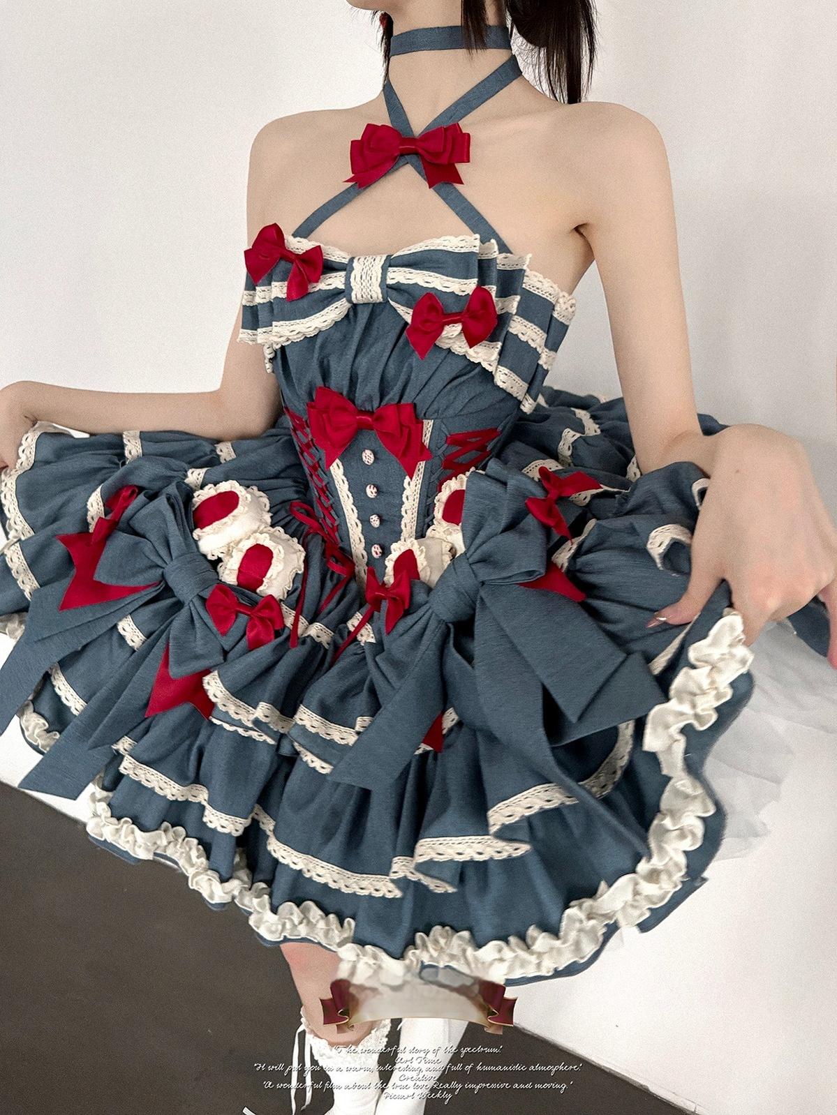POSHEPOSE~First Cherry Rabbit~Sweet Lolita Dress Halter Neck Jumper Dress and Cardigan