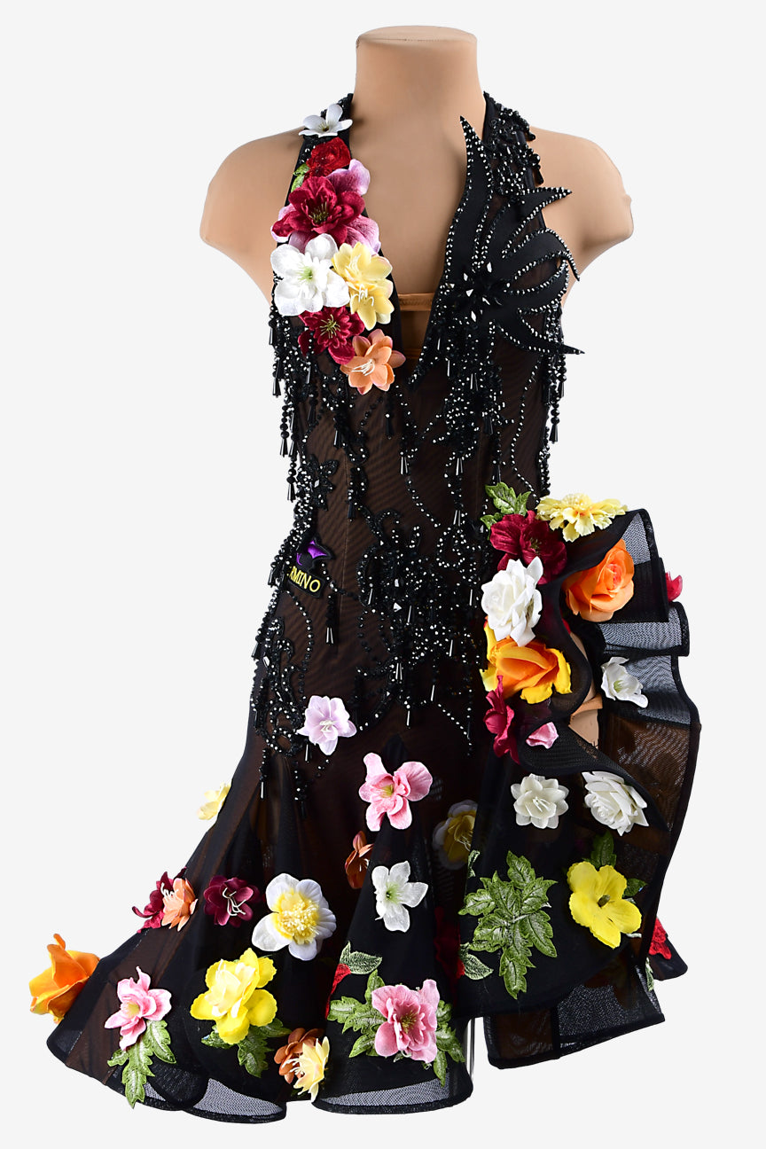 Permino black mesh Latin dress with ruffle fishbone underskirt ,rhinestones, lace & flower appliqués