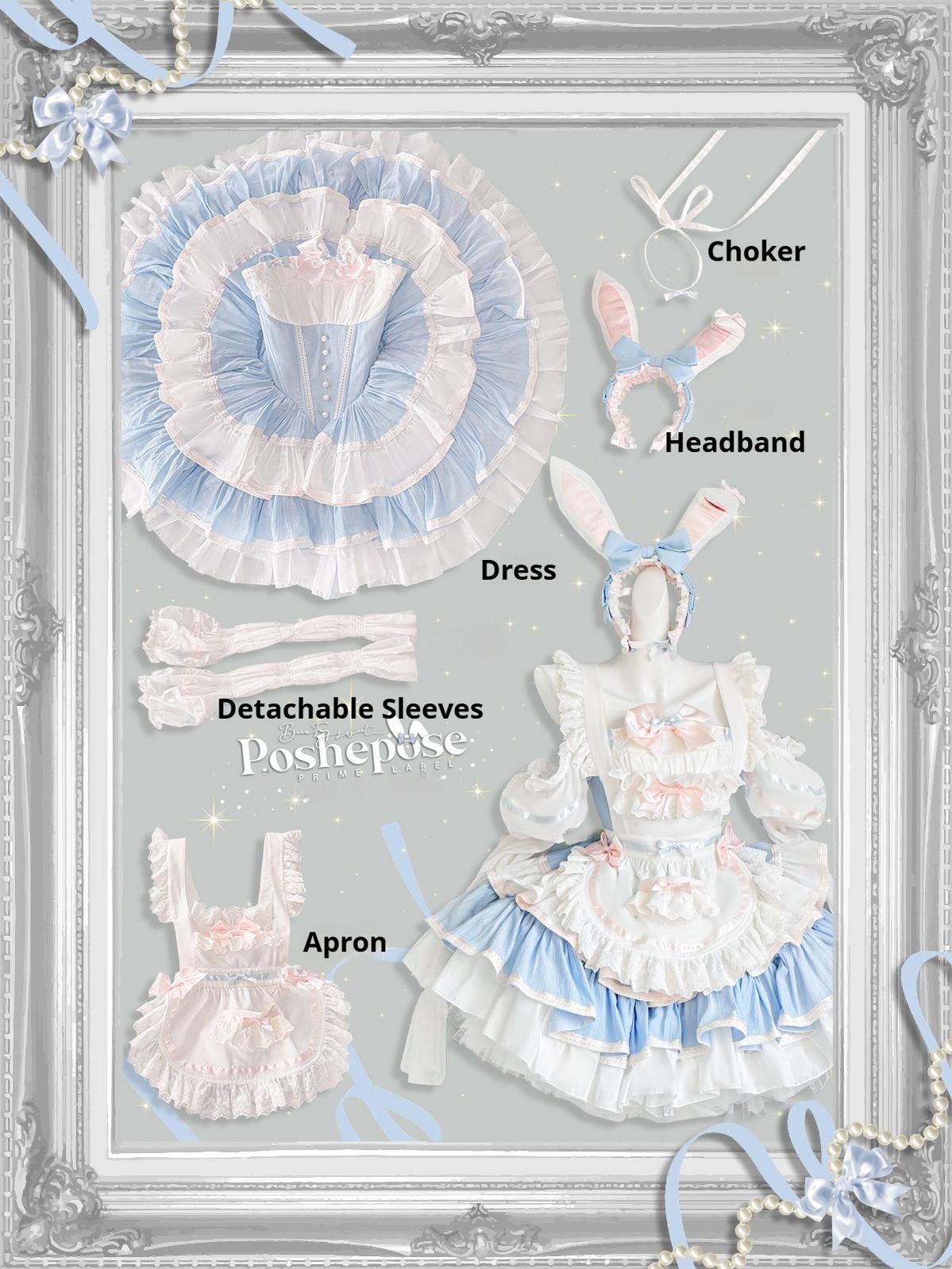 POSHEPOSE~Maid Bunny~Gorgeous Sweet Lolita OP Dress with Detachable Sleeves and Apron