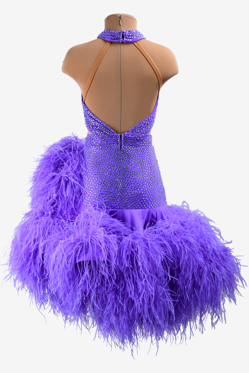 Permino medium purple matt lycra Latin dress with ruffle fishbone underskirt, feathers & rhinestones