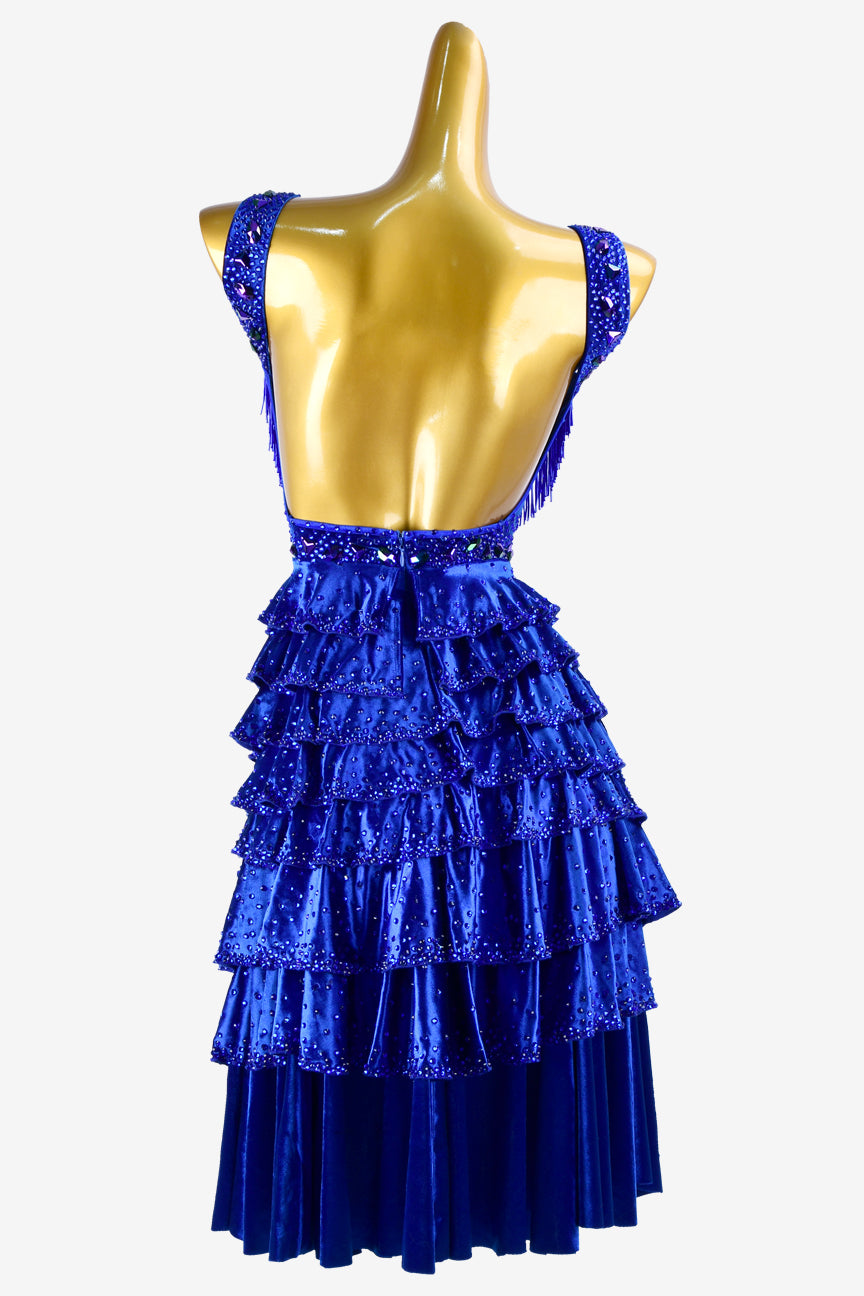 Permino mediumblue stretch velvet Latin dress with beaded fringe, rhinestones & AB sew-on stones