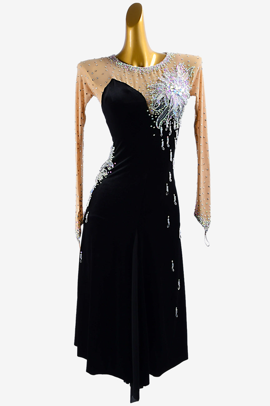 Permino black Latin dress with fleshtone mesh sleeves, beadings, flower appliques, AB crystals & sew-on stones