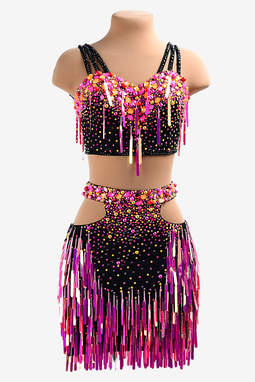 Permino black matt lycra Latin dress with magenta rose sequins, beadings, crystals & sew-on stones