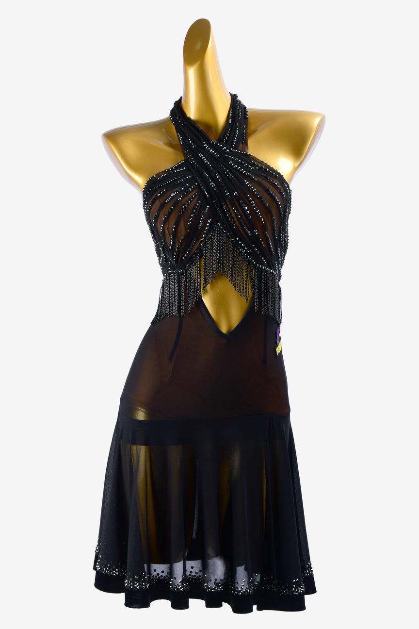 Permino black mesh Latin dress with beaded fringes, beaddings, rhinestones & sew-on stones