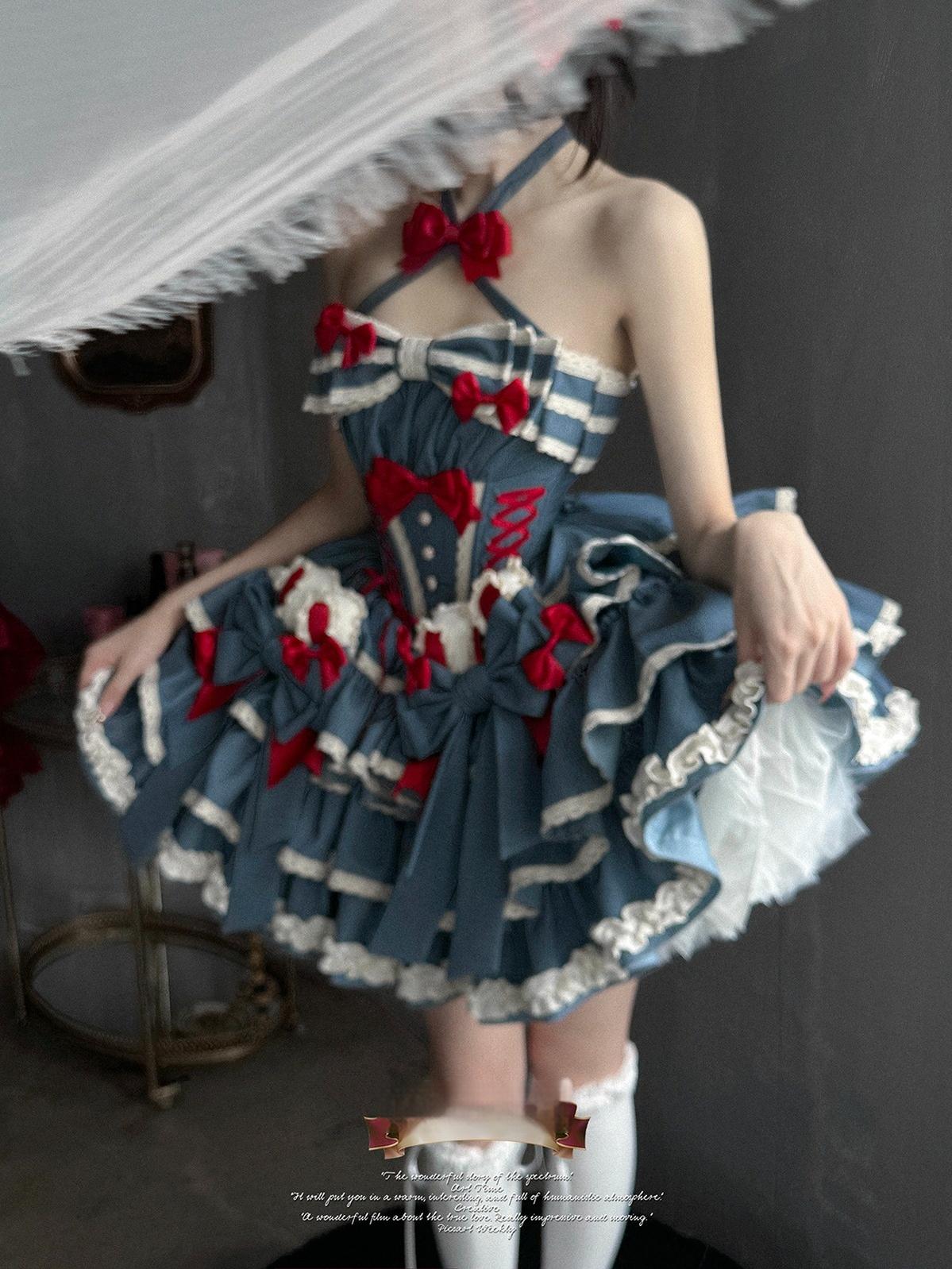 POSHEPOSE~First Cherry Rabbit~Sweet Lolita Dress Halter Neck Jumper Dress and Cardigan