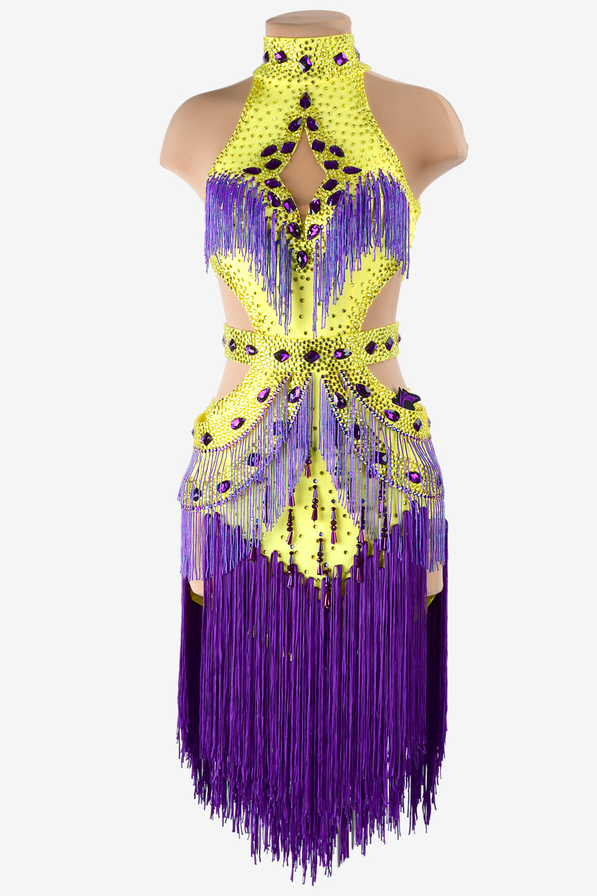 Permino yellow lustre lycra Latin dress with beaded fringes, rhinestones, beadings, purple tassels & sew-on stones