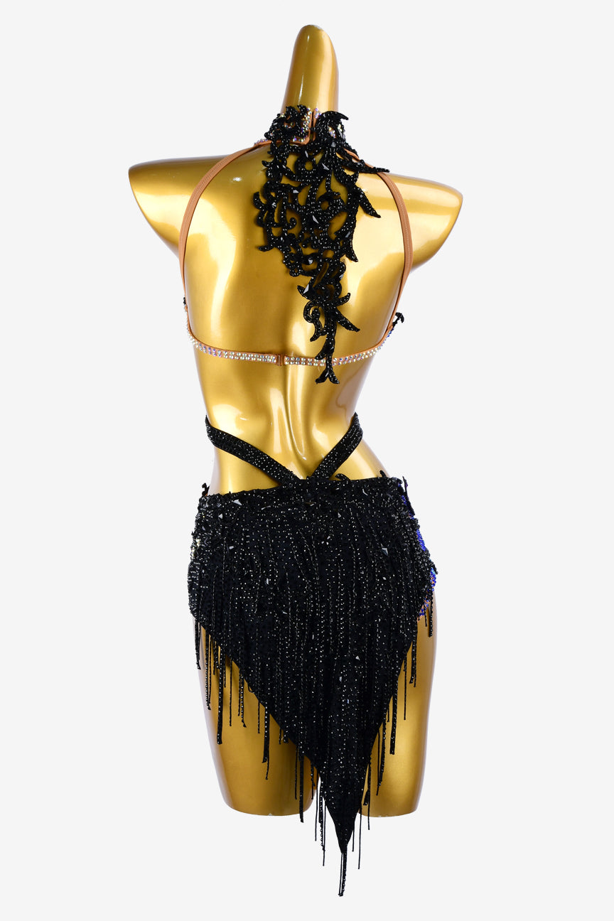 Permino black matt lycra Latin dress with colorful crystal AB, black stone fringes & lace appliqués
