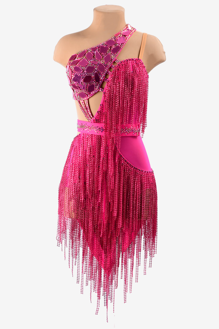 Permino carmine matt lycra Latin dress with crystal fishnet fringes, mirror stones and rhinestones